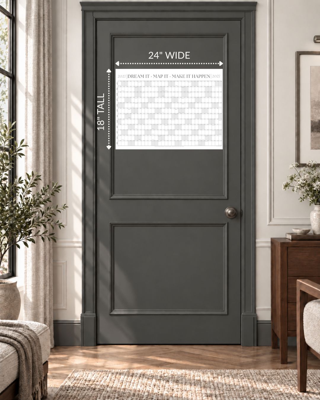 2027 compact wall calendar in Gallery Gray, 24 x 18 inches, on a door
