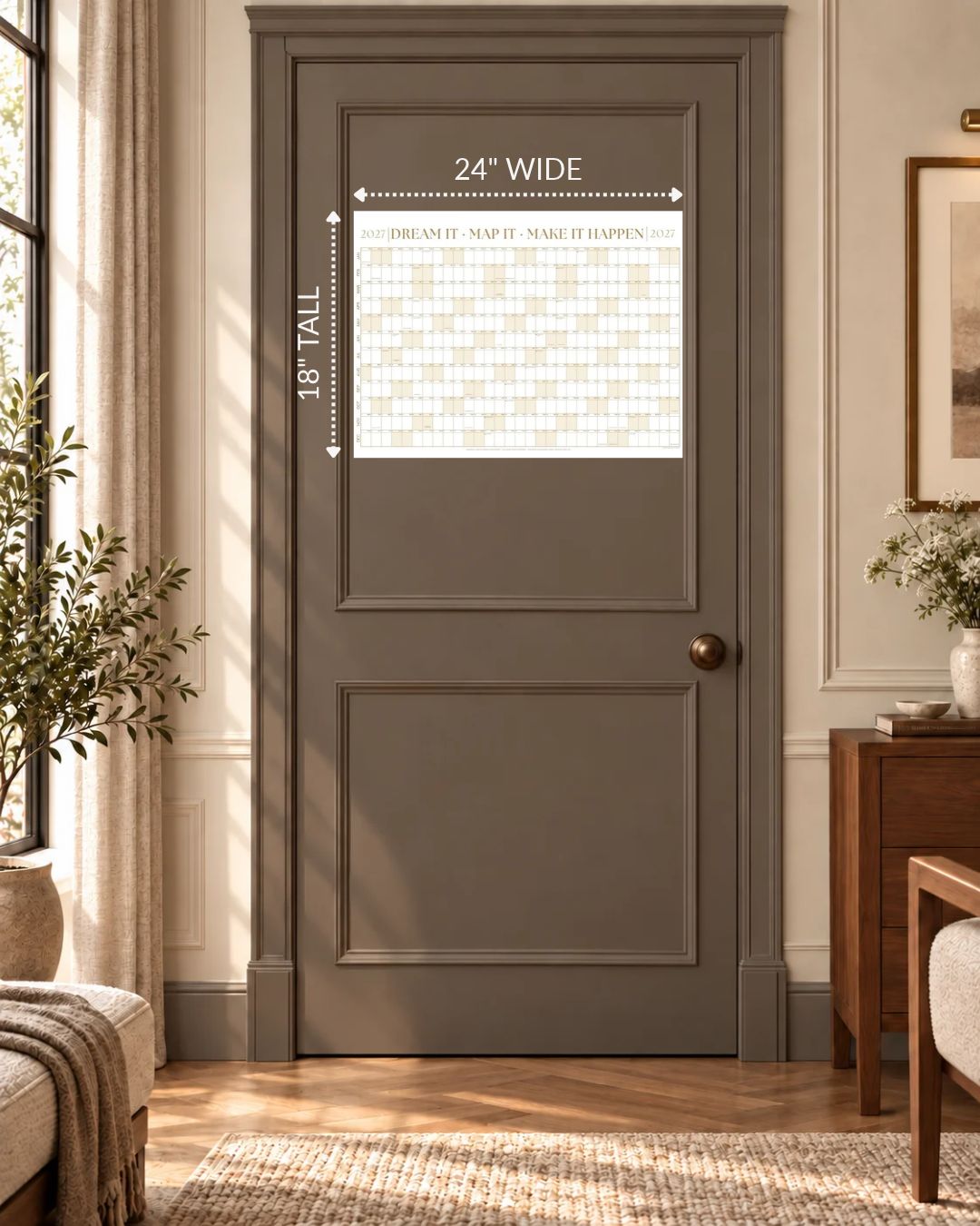 2027 compact wall calendar in Sandstone Gold, 24 x 18 inches, on a door