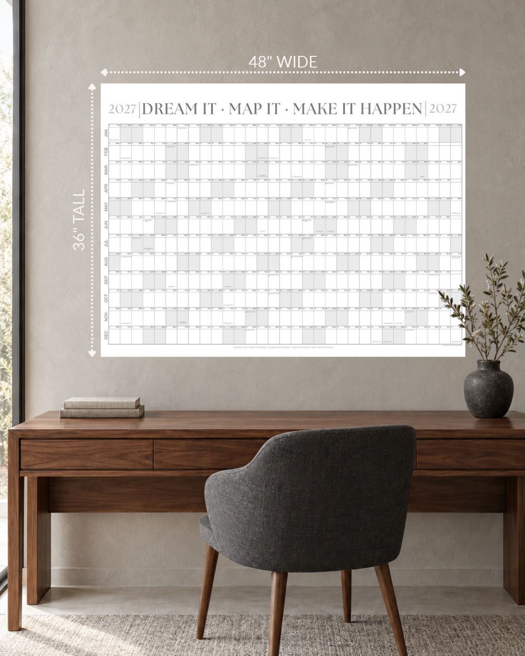 2027 Signature Wall Calendar Kit in Gallery Gray, 48 x 36 inches, above a desk