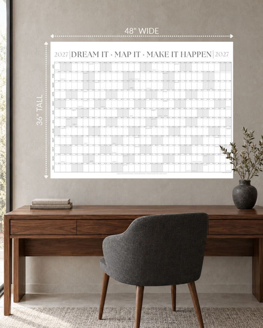 2027 Signature Wall Calendar Kit in Gallery Gray, 48 x 36 inches, above a desk