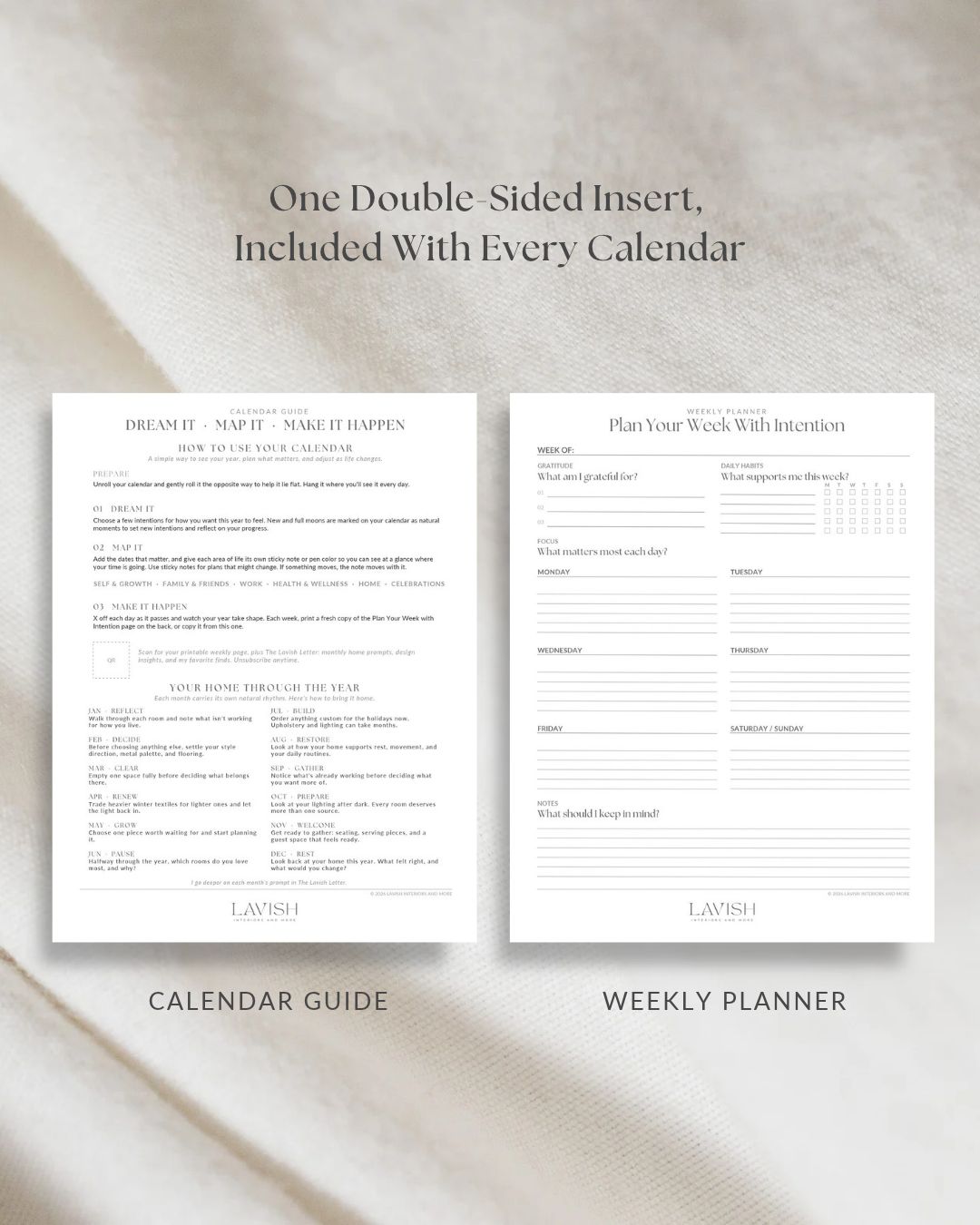 Calendar Guide and Weekly Planner, one double-sided insert included with every calendar