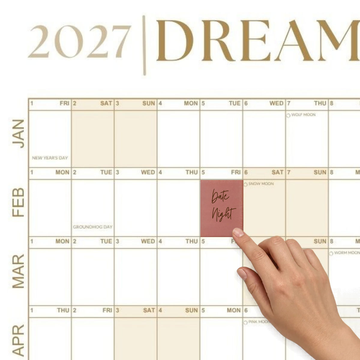 Transparent sticky note on the 2027 Sandstone Gold wall calendar