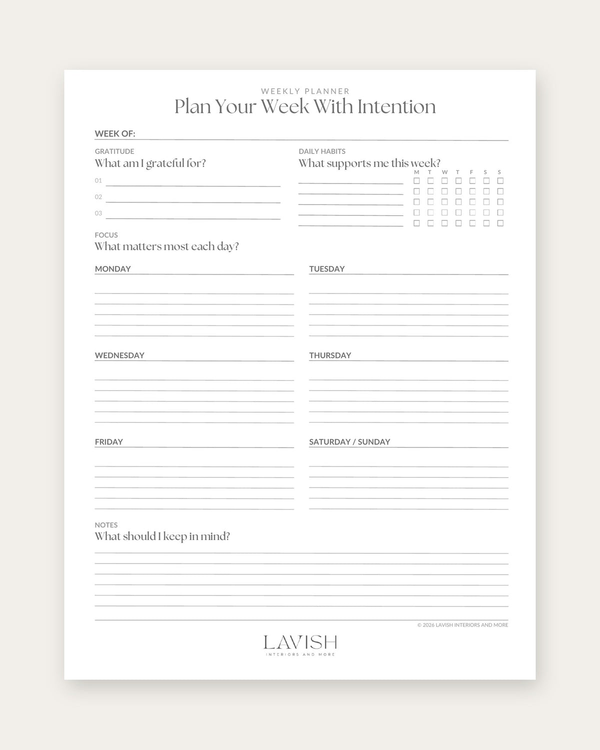 Weekly Planner page included with the 2027 Lavish wall calendar